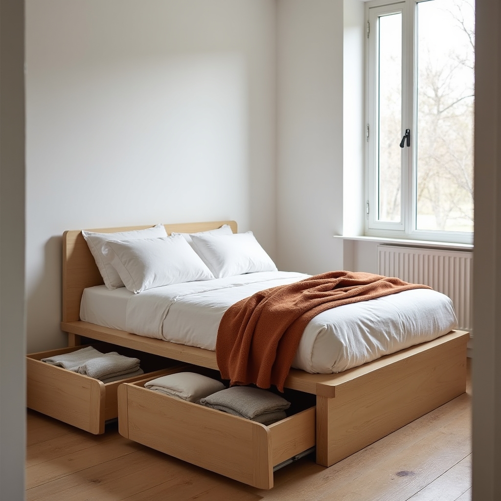 Low platform bed with integrated under-bed storage drawers in a small bedroom