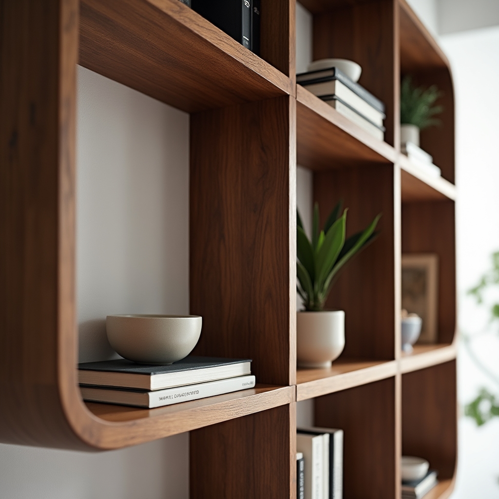 Close-up of a walnut shelving system with rounded edges and modular compartments