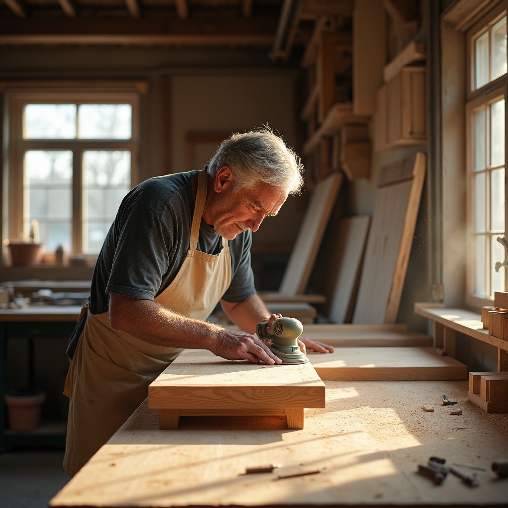 Craftsperson sanding a wooden shelf component in a bright furniture workshop
