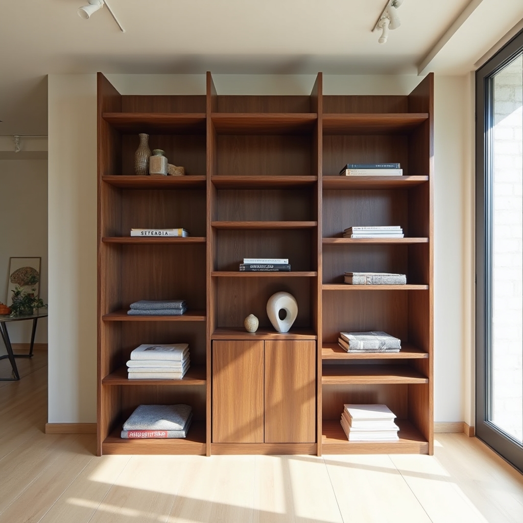 Modular walnut shelving system mounted on a living room wall with books and plants