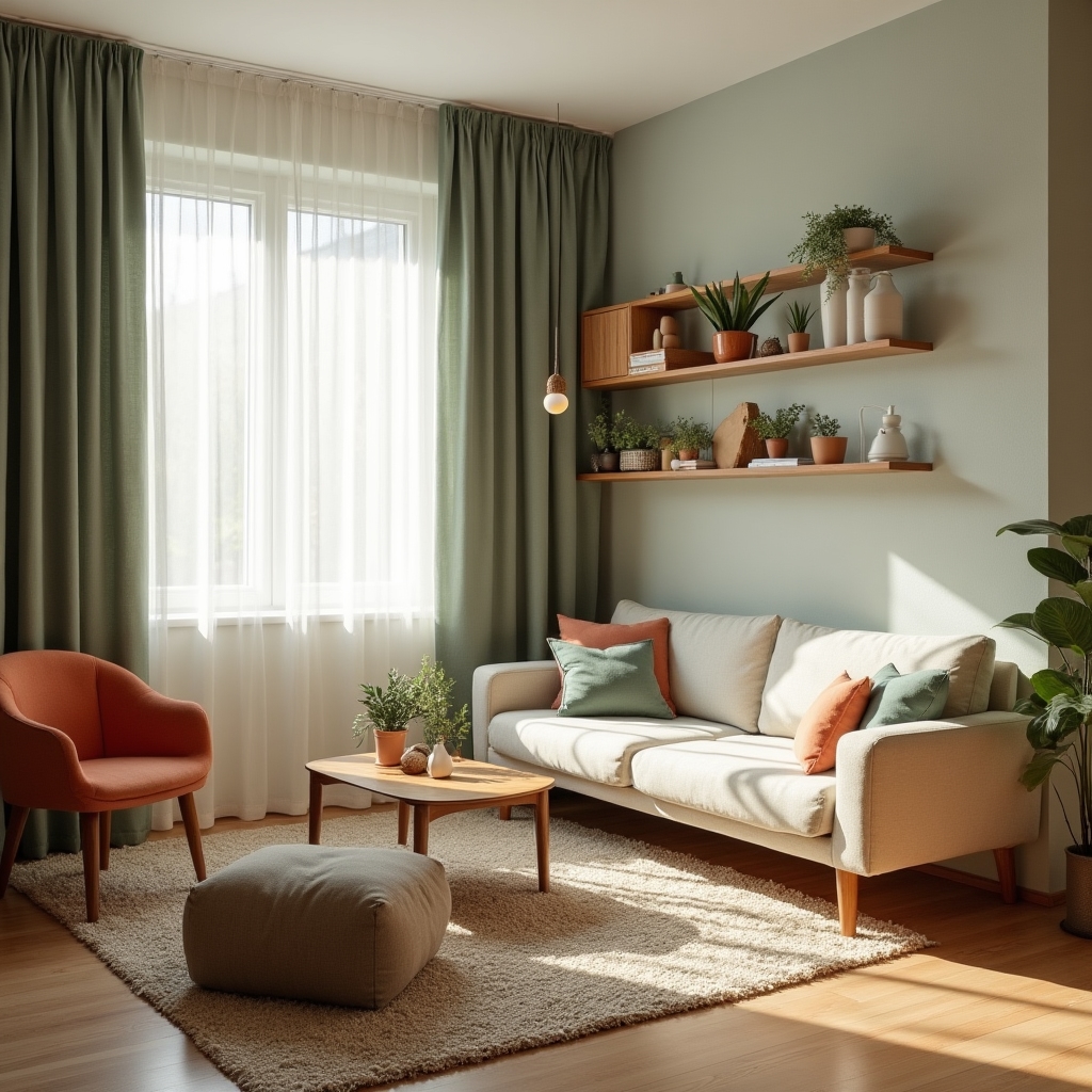 Compact living room furnished with Scandinavian-style furniture and warm daylight